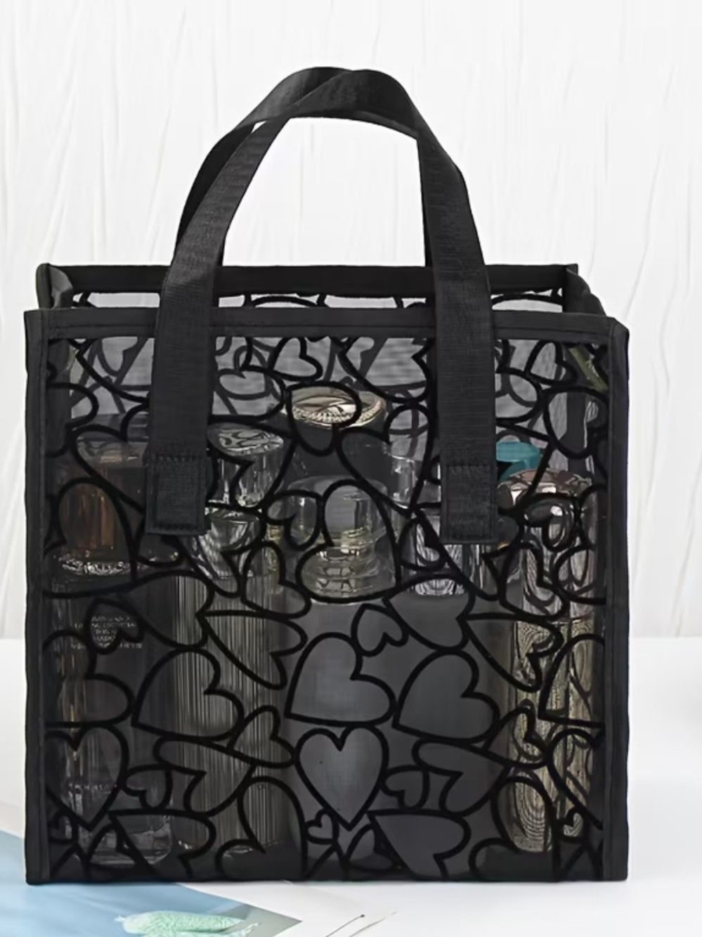 Black Heart Pattern Mesh Tote Organizer Bag - Brand Unspecified